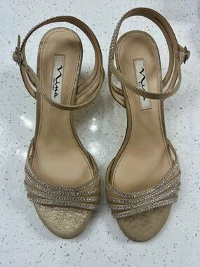 Nina Nathyn Gold Strappy Crystal Ankle-Heel Sandals size 9.5